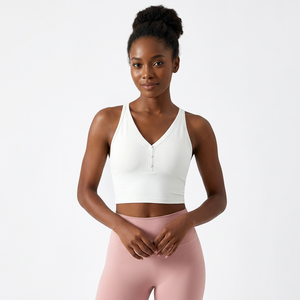 Sujetador deportivo con cuello en V y espalda cruzada para mujer, con botones, transpirable, top de yoga, soporte medio, color blanco liso - Product Image 5
