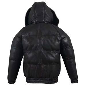 Men's Puffer Bomber <b>Sheepskin</b> Leather <b>Jacket</b> with Removable Raccoon Fur Collar & Hood - Product Image 2