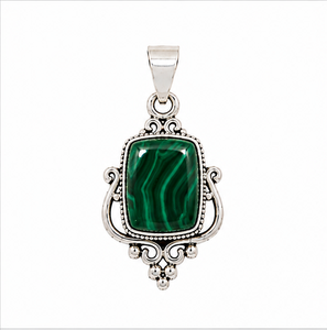 Malachite Silver Pendant, Green Malachite Gemstone Pendant, Sterling Silver Malachite <b>Necklace</b>, Vintage Boho Jewelry, Gift for - Product Image 1