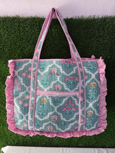 Bolsa de Mano de Lujo de Algodón con Volantes, Hecha a Mano, con Estampado de Bloques, Acolchada, para Compras, Oficina, Supermercado, Playa, Viajes, Reutilizable - Product Image 2