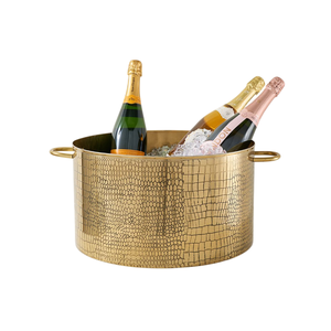 Seau à glace rond en métal texturé crocodile doré, refroidisseur de boissons, style glamour pour fêtes, pour le refroidissement du vin et du champagne, remplissez le récipient - Product Image 1