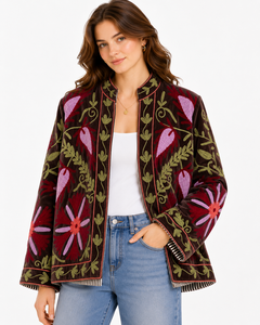 Women Velvet Embroidered <b>Jacket</b> Mandarin Collar Floral Boho Style Autumn Coat Handmade Suzani <b>Pattern</b> Full Sleeve - Product Image 1