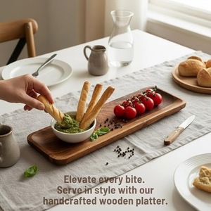 Premium Acacia Wood Serving <b>Tray</b> with Handles – Long Rectangular Wooden Food & Snack <b>Tray</b> for Kitchen Dining Hotel & Home Decor - Product Image 5