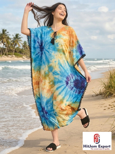 Elegante Vestido Kaftán de Rayón Estampado hasta la Rodilla para Mujer, Corte en A, Ecológico, con Patrón Geométrico, Holgado, para Playa o Resort - Product Image 2