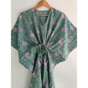 Elegante Vestido Kaftán de Algodón con Estampado Floral de Menta, Cuello en V, Estilo Bohemio, Holgado, Informal, para Vacaciones de Verano - Product Image 1