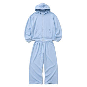 Men's Light Blue Hooded Tracksuit Full Zipper Sweatshirt <b>Jogger</b> <b>Set</b> Casual Loose Fit Solid Color Cotton Autumn Wear - Product Image 2