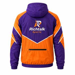 <b>Men's</b> Hooded <b>Racer</b> <b>Jacket</b> Purple Orange Color Blocking Windproof Zipper Front Logo Sporty Autumn Wear - Product Image 2