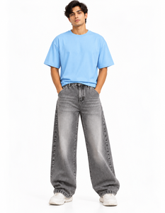 Jean ample gris délavé pour homme, coupe décontractée, taille mi-haute, en denim de coton - Product Image 3