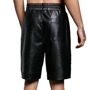 Nouveaux shorts en similicuir tendance streetwear, logo personnalisé, taille à cordon, couleur noire, shorts décontractés pour hommes - Product Image 4