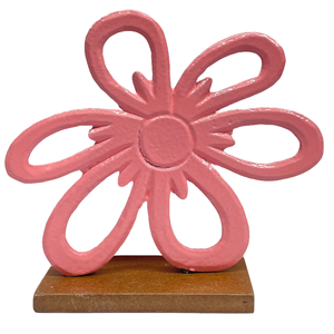 Pink Metal Flower Sculpture Modern <b>Art</b> Decor Tabletop Home Decoration Irregular Shape Wooden Base Ornament Single Piece - Product Image 1