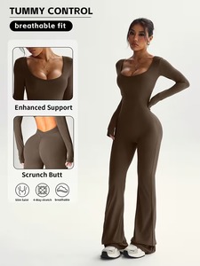 Women's Sculpting Mock-Neck Long Sleeve Jumpsuit | Sleek Flare-Leg <b>Yoga</b> <b>Unitard</b> | Breathable Polyester Spandex Performance Wear - Product Image 6
