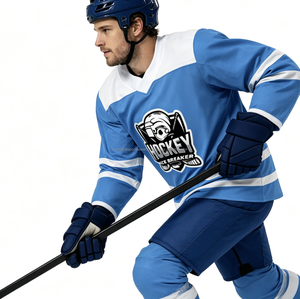Maillot de hockey sur glace bleu personnalisé pour homme, respirant, écologique, imprimé numériquement, col en V, manches longues, 100 % polyester, maille color block - Product Image 2
