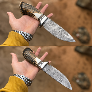 Couteau de chasse personnalisé fait main en acier Damas avec manche en corne de cerf, lame pointue à bord plat de 9 pouces, avec étui, cadeau de Noël - Product Image 3
