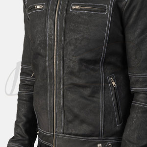 Blouson de motard en cuir noir premium pour homme, en véritable peau de mouton, coupe ajustée, surpiqûres contrastées, col montant, style motard - Product Image 6