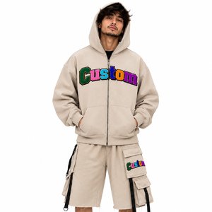 Stylish Lightweight Sporty <b>Men</b> Tracksuits Soft Embroidery Zip Up Lettering Print <b>Hoodie</b> <b>Shorts</b> With Utility Pocket Hooded <b>Set</b> - Product Image 1