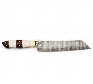 Couteau de cuisine artisanal en acier Damas à plumes, avec manche en bois segmenté et corne d'os, et bolster en laiton - Product Image 6
