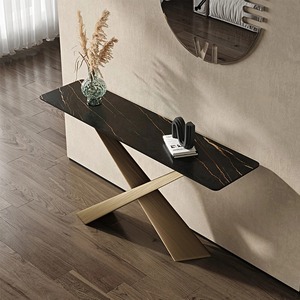 Mesa Consola de Hierro Arquitectónico Moderno con Diseño Convertible Espejado, Tapa con Aspecto de Piedra Oscura y Base en X para Uso en Entrada/Hotel - Product Image 6