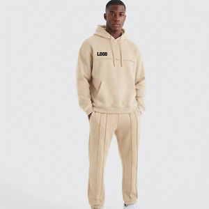 Ensemble de survêtement beige à capuche pour homme, manches longues, couleur unie, style décontracté vintage, 100 % coton, logo sur le devant, poches latérales, coupe classique, hiver - Product Image 5
