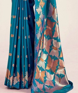Teal Silk Saree With Butterfly Print Elegant Indian Wedding Wear For Women Regular Fit <b>Floor</b> Length Ready To Ship - Product Image 5