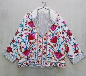 <b>White</b> Multicolor Floral TNT Cotton Suzani Embroidered Boho <b>Jacket</b> with Striped Lining Open Front Artisan <b>jacket</b> - Product Image 1