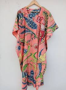 Robe Kaftan ample à imprimé floral vintage pour femmes, col en V, manches 3/4, 100% coton, style bohème indien fait main, plage - Product Image 4