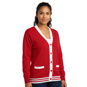 Women's Red V Neck Pullover Sweater Full Sleeve <b>Preppy</b> Style 100% Acrylic Rib Knit Solid Color Autumn Standard Thickness - Product Image 1