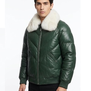Custom Manufacturer <b>Mens</b> Genuine Leather V Bomber <b>Jacket</b> Insulated Winter Puffer Coat Removable <b>Fur</b> Trim Eco-Friendly Breathable - Product Image 1