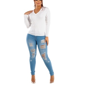 Pantalones Cargo informales XL para mujer, talla grande, algodón, poliéster, Vaquero elástico, cremallera, bolsillo en la cintura, botón, ajustado, rasgado, lavado, Verano - Product Image 3