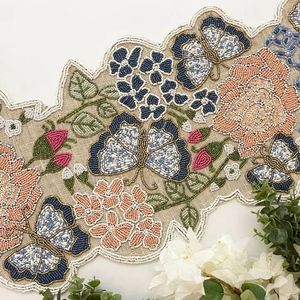 table runner floral beaded runner on burlap multicolor with Embroidery Custom Bead Artwork for Festival & Event Decor - Product Image 1