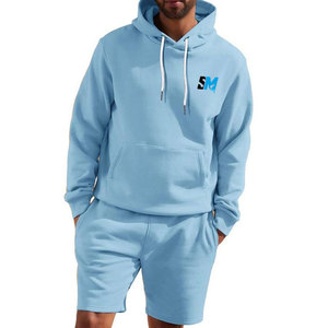 Top Material Made <b>Men</b> Slim Fit Winter French Terry Hoodie Set 100% Cotton Soft Breathable Fabric <b>Long</b> Sleeves <b>Shorts</b> Set - Product Image 1