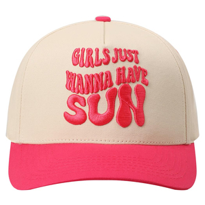 หมวกเบสบอลปักลาย Girls Just Wanna Have Sun สำหรับผู้หญิง หมวกลำลองสำหรับฤดูร้อนและชายหาด ทรง 6 แผง สีชมพูและครีม - Product Image 1