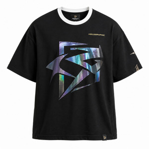 เสื้อยืดโอเวอร์ไซส์สไตล์สตรีทแวร์ Y2K สำหรับผู้ชายจาก Dravelle Industry ผลิตจากผ้าเจอร์ซีย์คอตตอน 100% พิมพ์ลายเรขาคณิตโฮโลแกรมแบบตาข่าย - Product Image 3