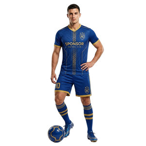 Modern Football Club Uniform Set Blue Jersey with Gold Trim and Matching Shorts <b>Performance</b> <b>Wear</b> for Training Matches and Sports - Product Image 1