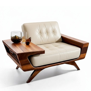 Chaise longue exclusive en teck avec table d'appoint intégrée - Product Image 1