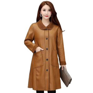 Women's Long Real Leather Trench <b>Coat</b> Stand Collar Zipper Closure <b>Thick</b> Warm <b>Winter</b> Outerwear Solid Color Casual Style Windproof - Product Image 2