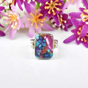 Kingman Pink Dahlia Turquoise Gemstone Ring 925 Sterling Silver Radiant Shape Handmade Gemstone Fine Jewelry <b>Gift</b> <b>for</b> <b>Her</b> - Product Image 1