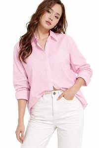 Camisa de mujer rosa a rayas con botones, manga larga, corte holgado, de popelina de algodón, blusa informal para primavera/verano, combina con pantalones blancos. - Product Image 1