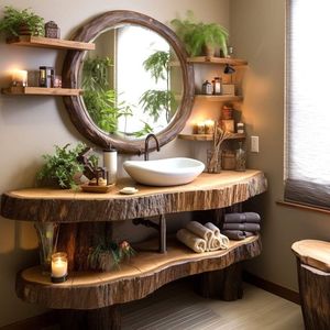 Lujoso Lavabo de Madera Maciza Artesanal Moderno y Ecológico con Espejo Incluido y Diseño Artístico de Corteza de Árbol - Product Image 1