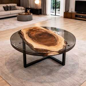 Mesa de centro redonda de resina epoxi con rodajas de madera natural y tapa de vidrio, mueble contemporáneo para decoración de sala de estar, uso en interiores. - Product Image 5
