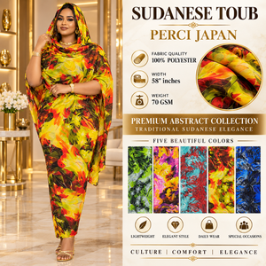 ผ้าซันเบิร์สต์ลายแอ็บสแตรคต์แบบซูดาน สีเหลือง แดง ดำ ทำจากโพลีเอสเตอร์ |   ผ้าพิมพ์ลาย Perci Japan ขนาด 58 นิ้ว 70 GSM สำหรับชุดเดรสผู้หญิง - Product Image 5