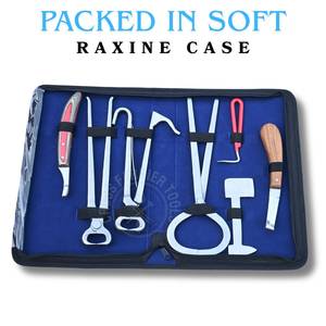 Kit d'outils de fermeur avec coupe-ongles à sabots, testeur de sabots, coupe-foins, couteau courbé, boucle pour abcessoire, râpe et outil de récupération, dans un étui - Product Image 6