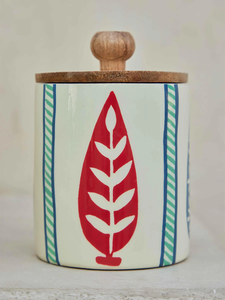 Pot à épices en bois naturel artisanal, écologique, avec couvercle en bois, motif feuille rétro, revêtement émaillé, récipient de stockage hermétique pour la cuisine - Product Image 3