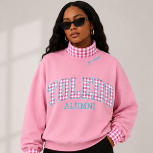 Sudadera Oversize Personalizada OEM para Mujer con Cuello Alto y Ribete de Guingán, Estilo Pullover, Ropa de Equipo Toledo, Felpa de Algodón Pesado con Patchwork - Product Image 6