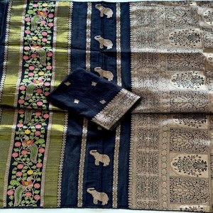 Sari VASTRA COTTAGE en viscose de Chine, tissé jacquard avec des broderies dorées Zari, motif Meenakari Paon et Éléphant Butta - Product Image 3