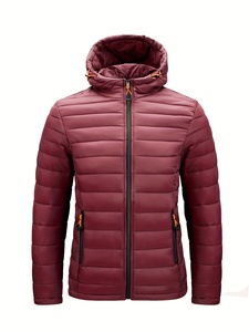 Men's <b>Burgundy</b> Hooded <b>Puffer</b> <b>Jacket</b> Lightweight Windproof Polyester Winter Casual Coat with Zipper Closure - Product Image 1