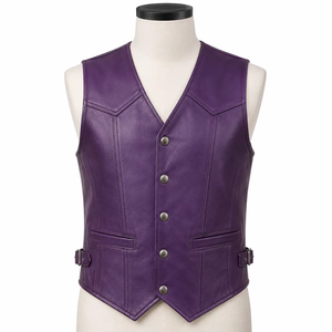 Chaleco de Cuero Sintético para Hombre, Talla Grande, Color Morado, Cuello en V, Estilo Casual, 100% Cuero, Cortavientos, Cierre de Botón - Product Image 4