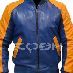 แจ็คเก็ตบอมเบอร์หนังแท้สีน้ำเงินเหลืองแบบสั่งทำพิเศษ สไตล์เรโทร แจ็คเก็ตหนังแบบซิปพร้อมปลายแขนเสื้อแบบริบ - Product Image 4