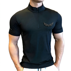 Chemise de sport à manches courtes pour homme, col montant, compression, séchage rapide, coupe ajustée, tricot en polyester, couleur unie - Product Image 2