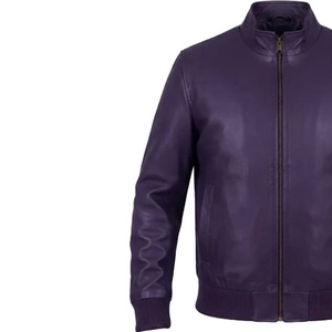Blouson Bomber en Cuir Véritable pour Homme, Style Universitaire, Violet Foncé, Col Montant, Vêtement d'Extérieur Décontracté pour l'Automne - Product Image 4