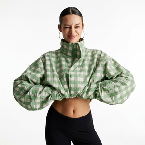 Blouson Vert à Carreaux de Haute Qualité pour Femme, Col Montant, Manches Longues, Fermeture Éclair, Manches Bouffantes, Longueur Courte, Printemps - Product Image 1